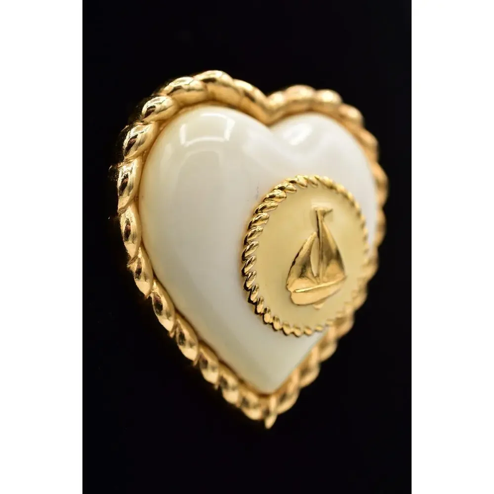 Vintage Heart Sail Boat Nautical Pin Brooch Chunky Heavy White Gold 1990s BinAL